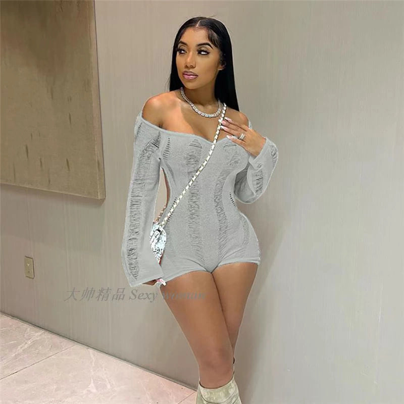 Knitted Slim Fitting Jumpsuit off-Shoulder Hollow-out Ripped Open Back Knitting Jumpsuit Women