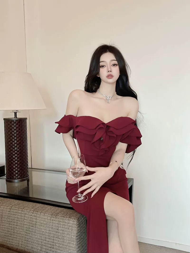 French Style Classy Sexy Open Back off-Shoulder Dress Female Summer Ruffles Temperament Sheath Split Evening Long Dress