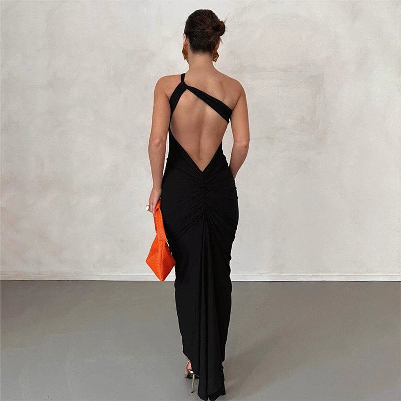 Backless Ruched Skinny Robe Female Party Evening Maxi Dress