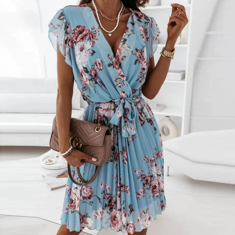 Print Ruffle Dress Summer Ladies Sexy V-Neck Party Dress