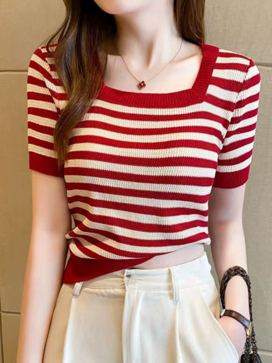 White Collar Girdear New Striped Knitwear Short Sleeve T-shirt Women's Summer New Shoulder Thin Square Collar Short Top