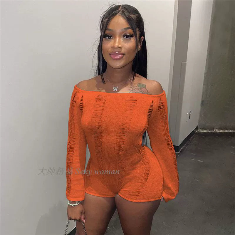 Knitted Slim Fitting Jumpsuit off-Shoulder Hollow-out Ripped Open Back Knitting Jumpsuit Women