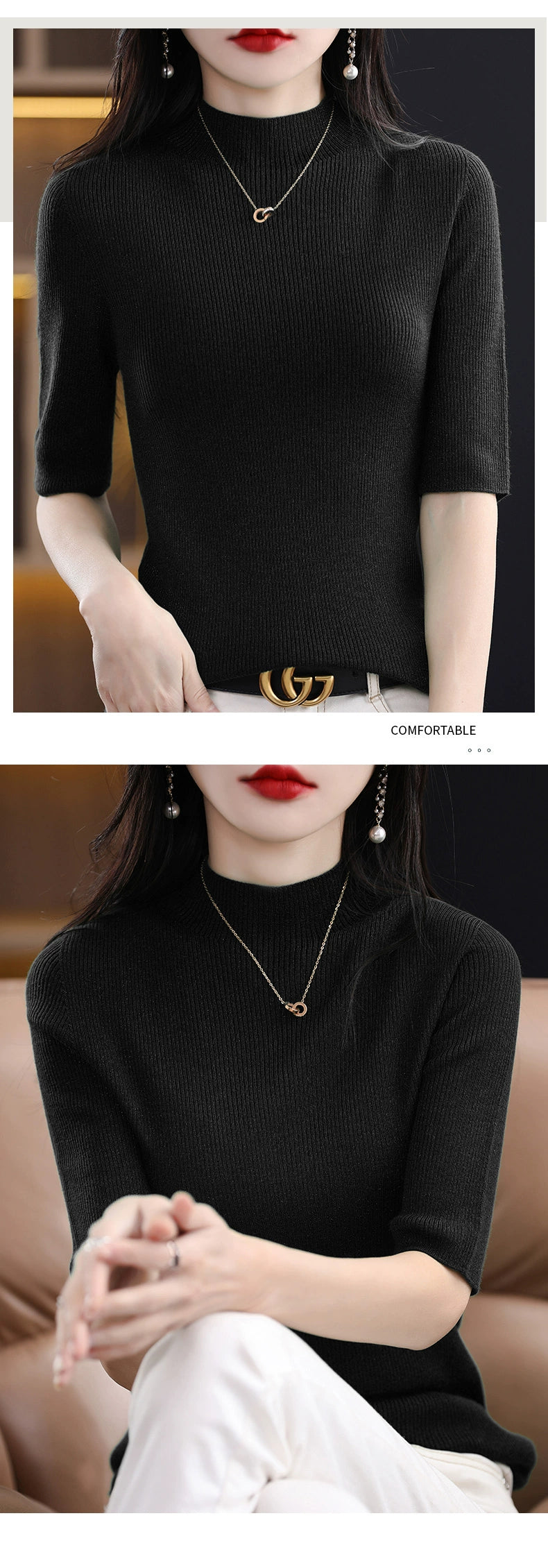 Spring & Fall Half Turtleneck Knitting Short Sleeve Women's Slim-Fit All-Match T-shirt Half Sleeve Shirt 2024 New Arrival Bottoming Shirt Half Sleeve