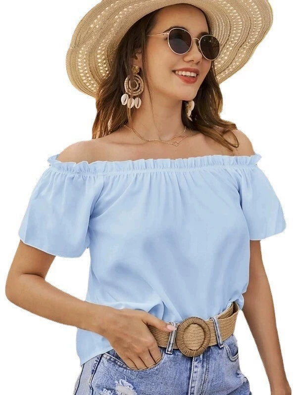 Off-the-Shoulder Ruffles Solid Color Top Shirt