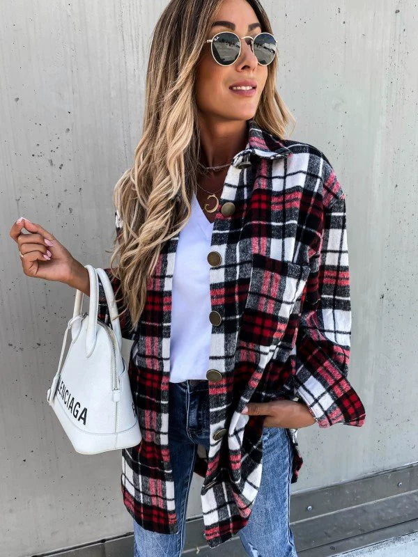 Women Ins Fashion Loose Casual Retro Plaid Long Sleeve Shirt