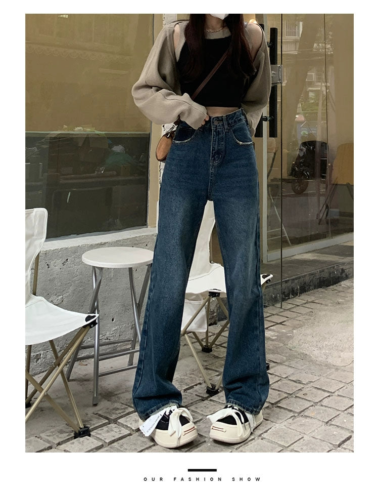 Dark Blue High Waist Straight-leg Denim Female Loose Slim Looking Narrow Version Wide Leg Mop Pants