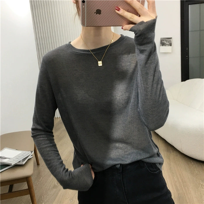 Simple Solid Color Long Sleeve Lightweight T-shirt