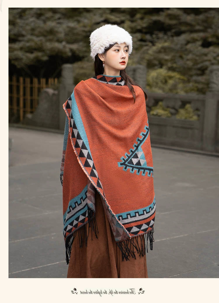 Early Autumn Travel Knit Cloak with Tassel Scarf