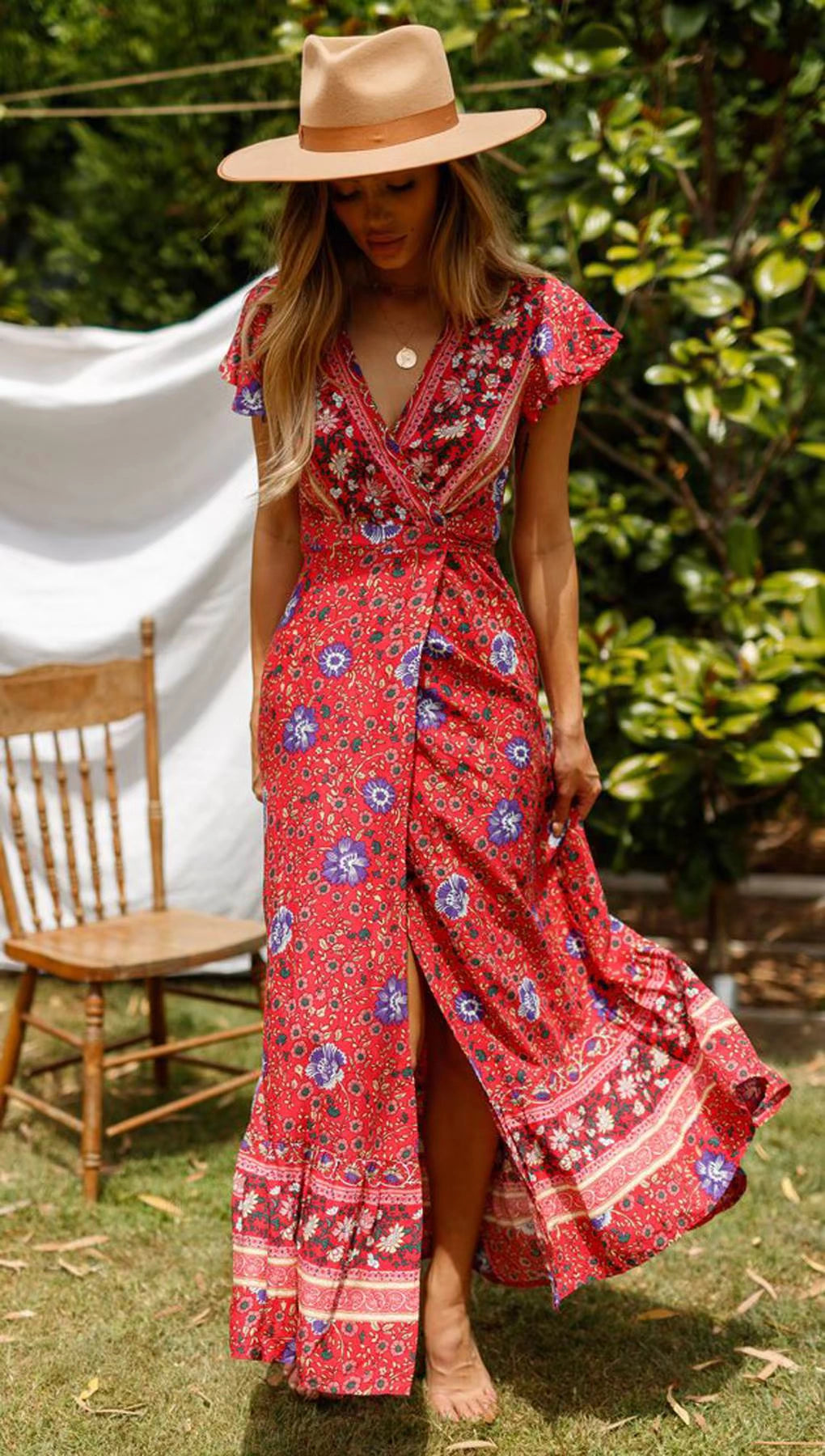 Short Sleeve Dress New Summer New Vacation V Neck Cardigan Strap Dress Print Beach Dress Long Skirt