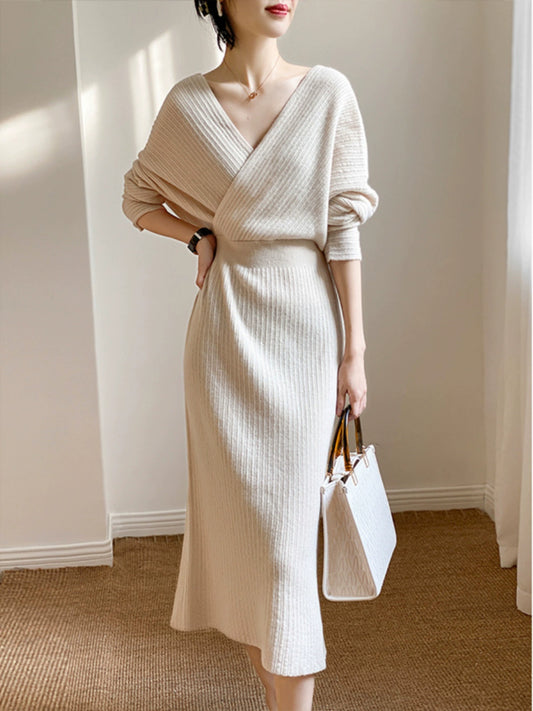 Accessible Luxury Gao Ding Gentle Korean Style Adult Lady like Woman Style Tight Waist Slim Looking Cross Collar V Neck Mid Length Long Length Knitting Dress Women