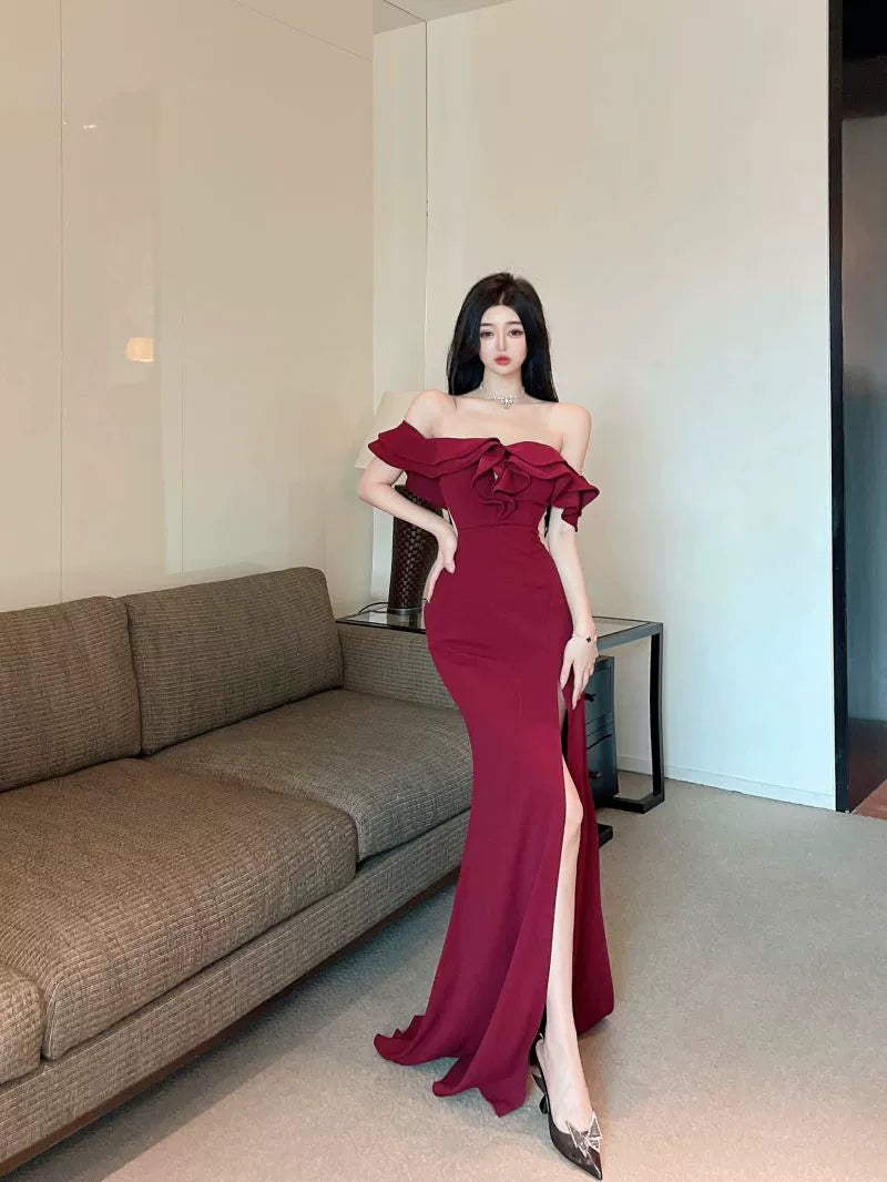 French Style Classy Sexy Open Back off-Shoulder Dress Female Summer Ruffles Temperament Sheath Split Evening Long Dress