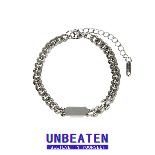 Unbeaten Square Plate Cuban Thick Bracelet Men's Stylish Fancy Niche Style Trendy Cool Hip Hop Titanium Steel No Fading Bracelet