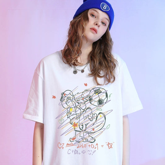 Ulzzang Printed Cotton Crew Neck Top T-shirt with Short Sleeves