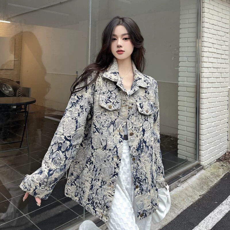 Denim Coat Women's New Spring and Autumn Fashion Print Jacket Cardigan Stylish Niche Loose Elegant Top