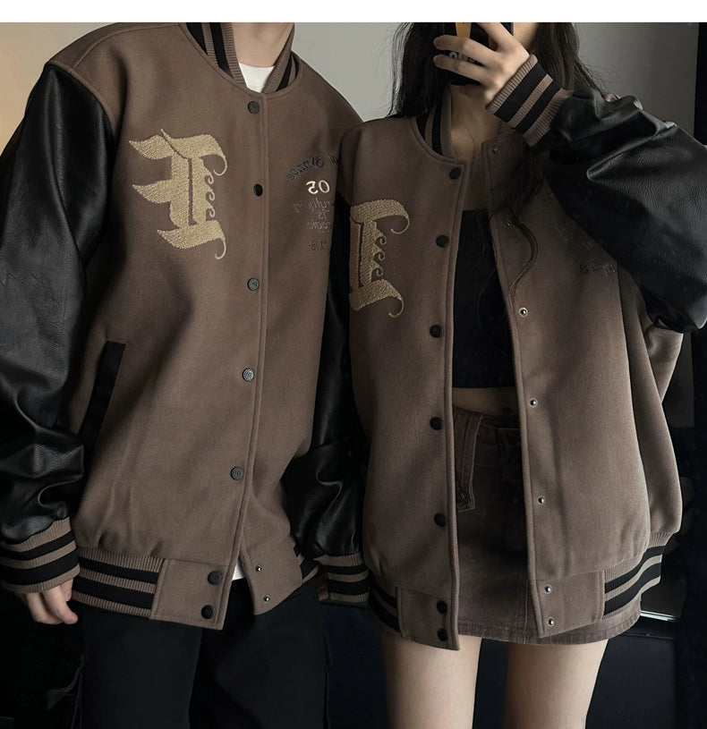 Trendy Couple Wear Spring & Fall Loose PU Leather Baseball Uniform