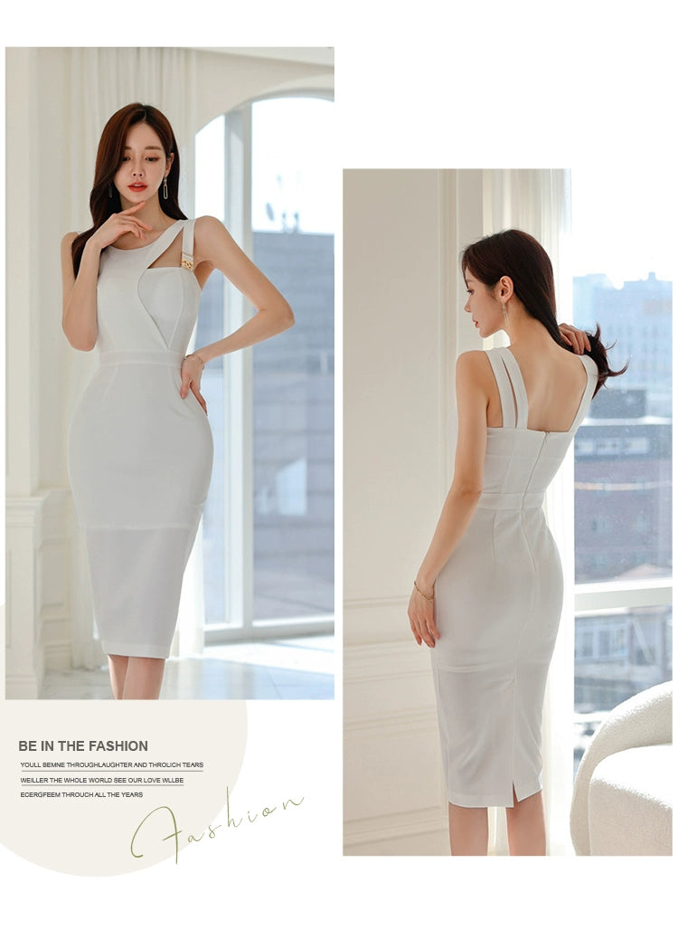 Asymmetric Sleeveless Backless Waist Trimming Slim Fit Dress