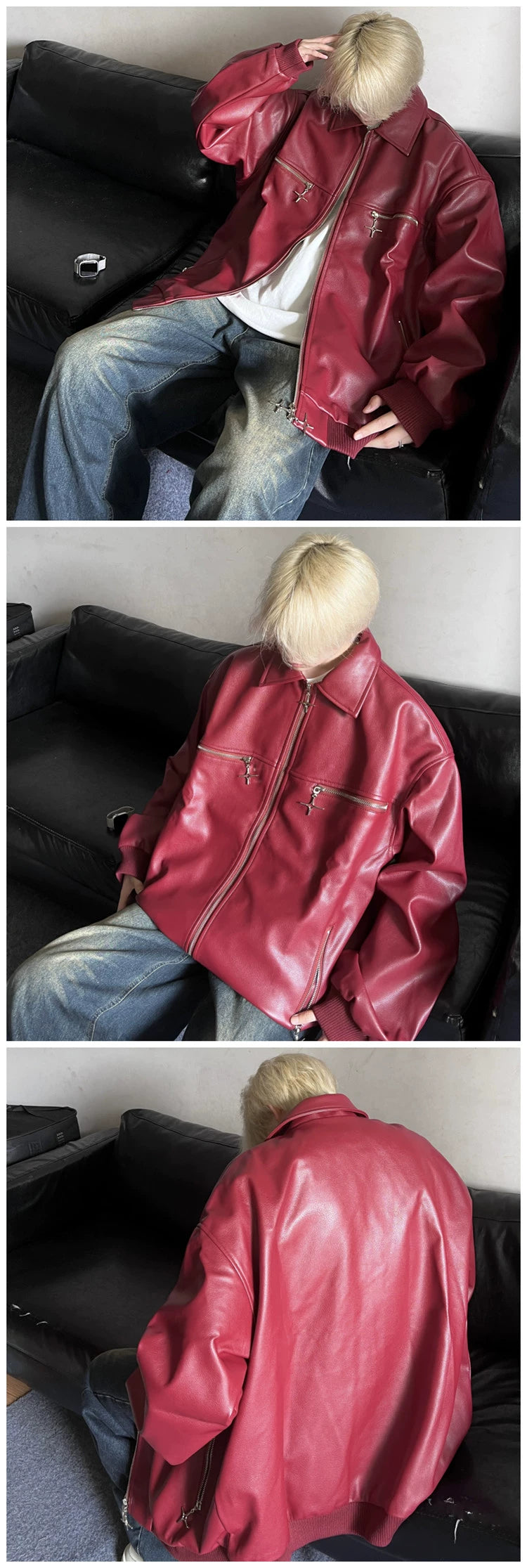 Fall Wine Red Niche Style Metal Zipper Handsome Leather Coat