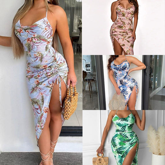 Women's 2021 Floral Split Fashion Halter Neck Lace-up Dress