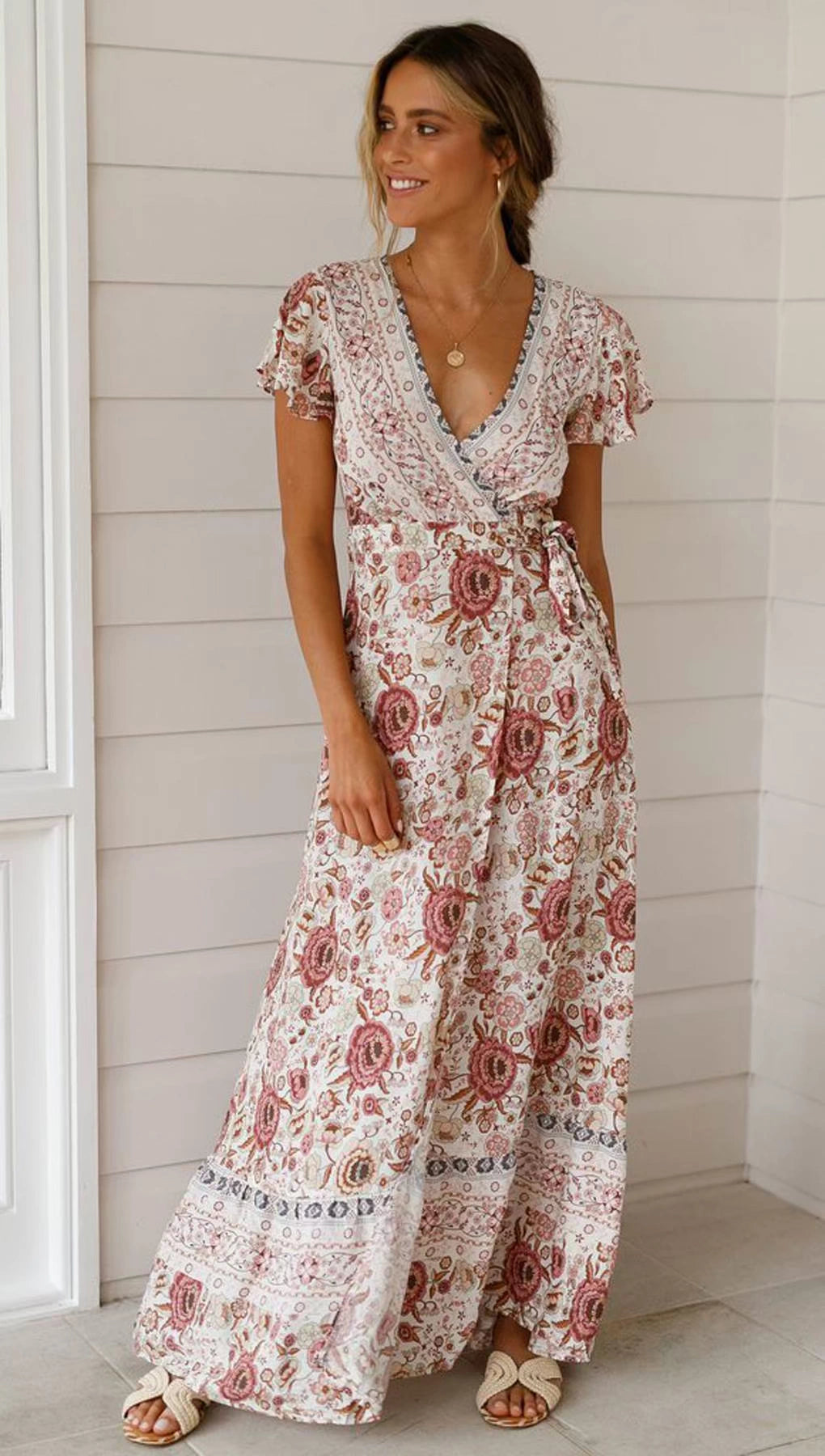 Short Sleeve Dress New Summer New Vacation V Neck Cardigan Strap Dress Print Beach Dress Long Skirt