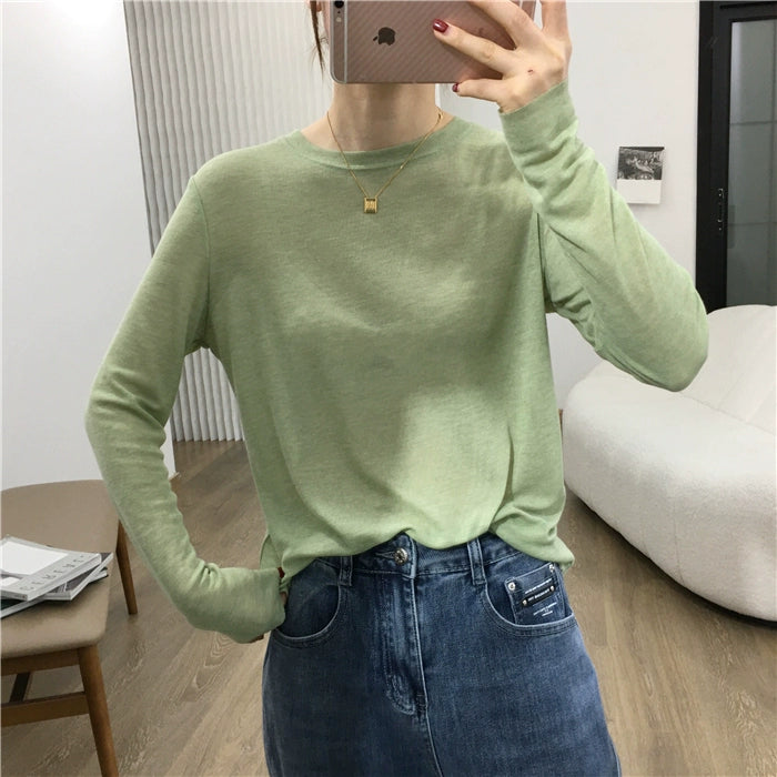 Simple Solid Color Long Sleeve Lightweight T-shirt