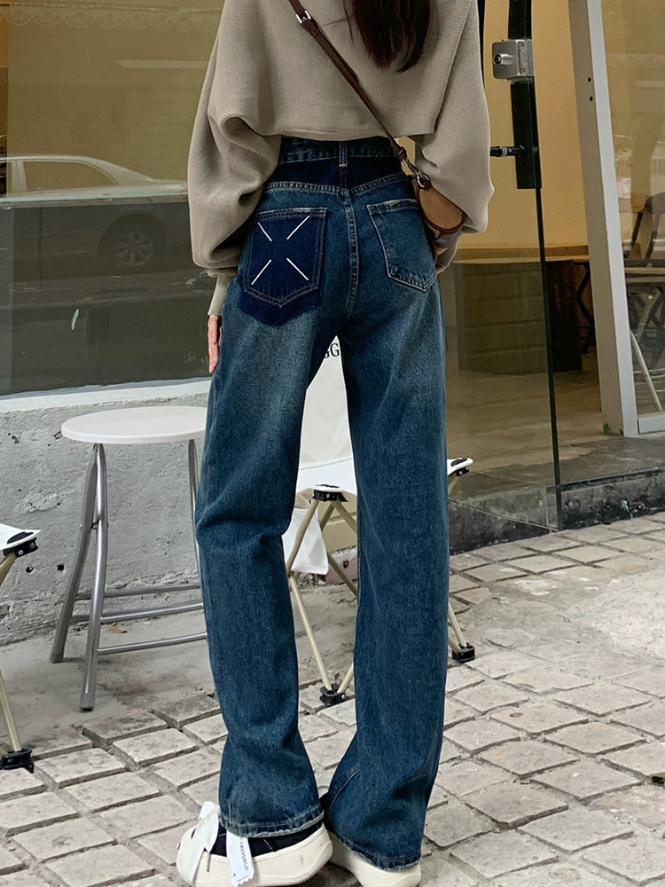 Dark Blue High Waist Straight-leg Denim Female Loose Slim Looking Narrow Version Wide Leg Mop Pants