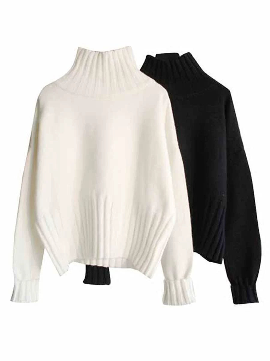 Plus Velvet White Semi-High Collar Loose Knitted Short Sweater