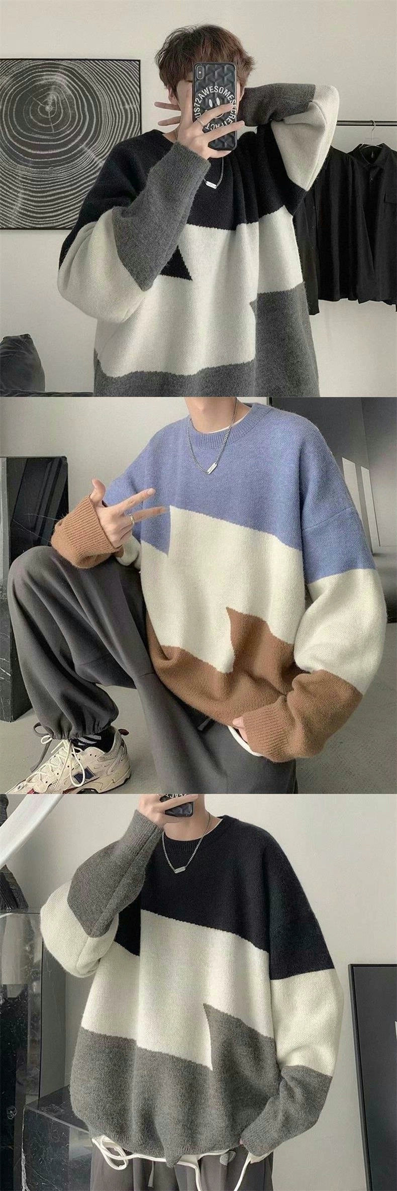 Hong Kong Style Color Stitching Thickened Keep Warm Inner Match Loose-Fit Sweater