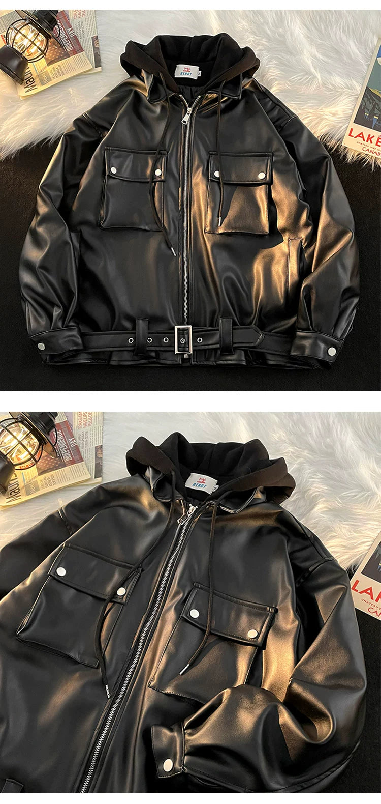 Spring and Autumn Loose American Fake Two-Piece Handsome Leather Coat