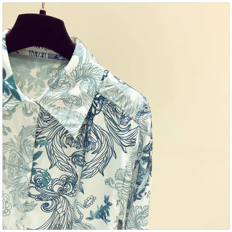 Fashion Floral Print Long Sleeve Loose Satin Silk Shirt