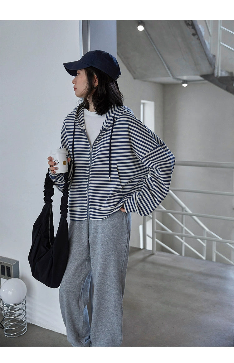 Striped Autumn Dress Loose Preppy Style Long Sleeves Hooded Sweatshirt