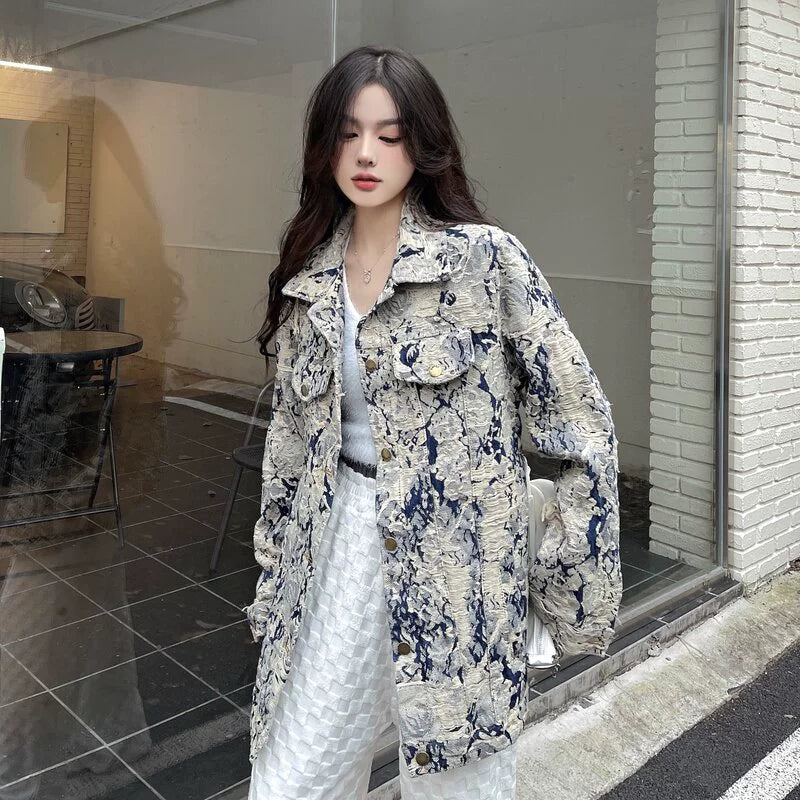 Denim Coat Women's New Spring and Autumn Fashion Print Jacket Cardigan Stylish Niche Loose Elegant Top