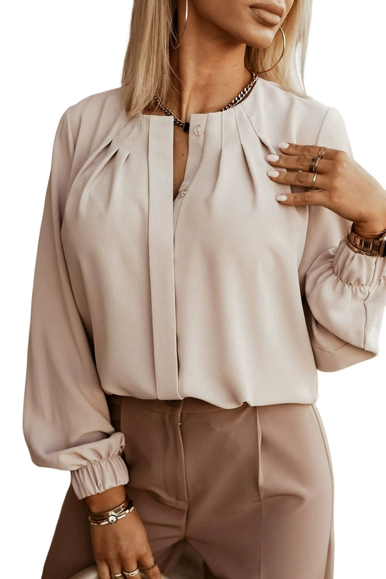 Pure Color Pleating Casual Stretch Button Long Sleeves Shirt