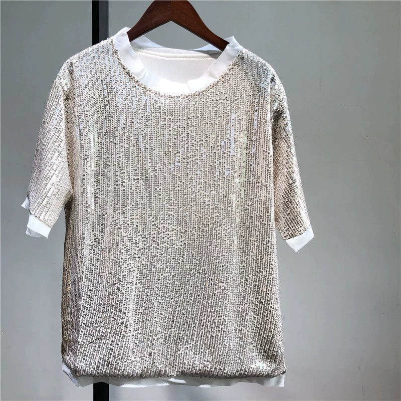 Silver Mermaid Short Sleeve Loose Sequins T-shirt