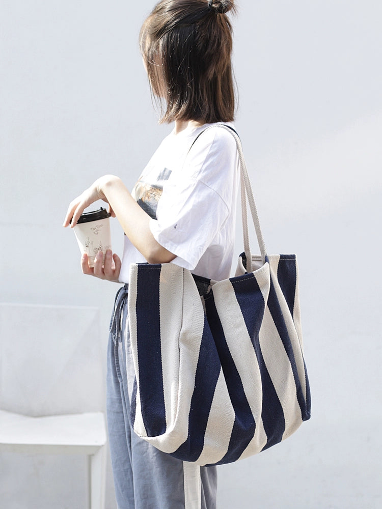 K-style Chic Casual Versatile Contrast Color Striped Tote