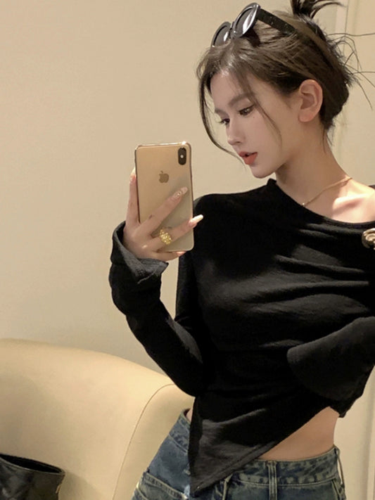 Short Tops Women's Spring & Fall Fancy Stylish Niche Style Sexy Black Bottoming Shirt Inner Wear Fashionable Long Sleeve T-shirt