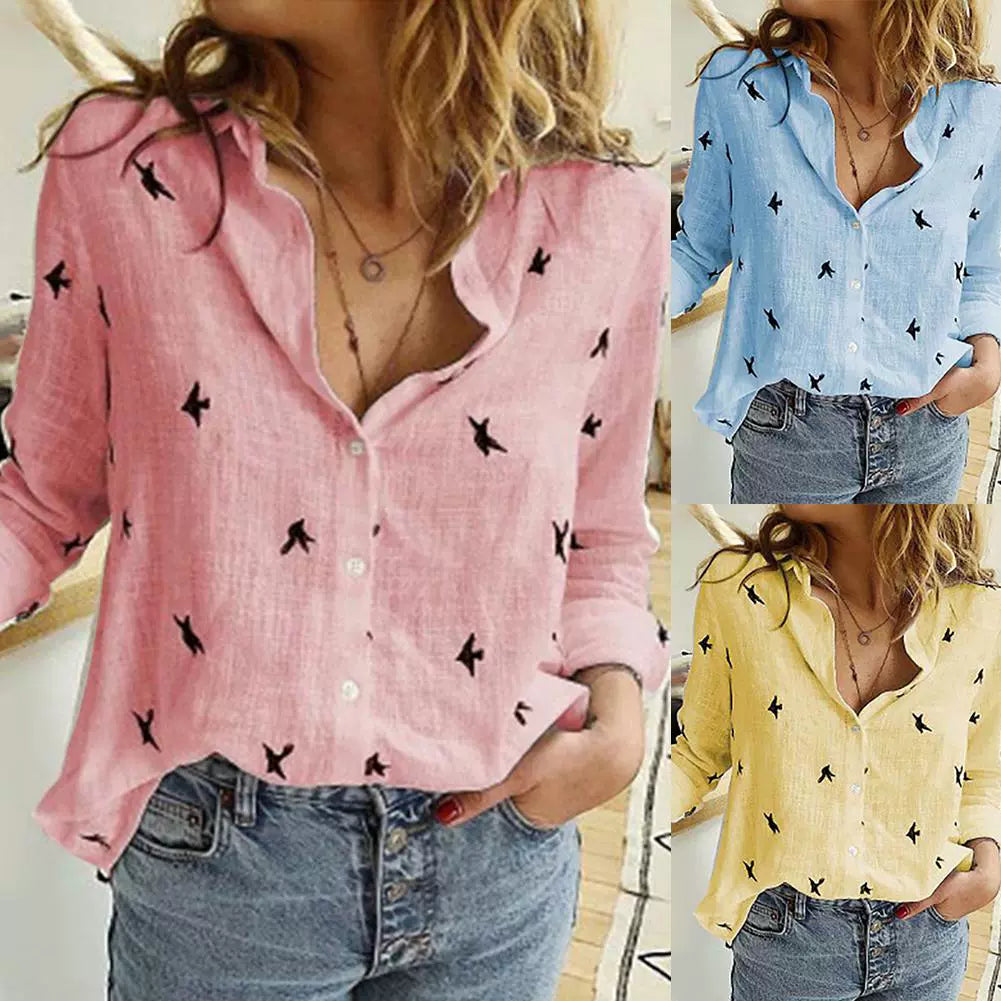 Women's Printed Lapel Long Sleeve Shirt Women Print Lapel Long Sleeve Shirt