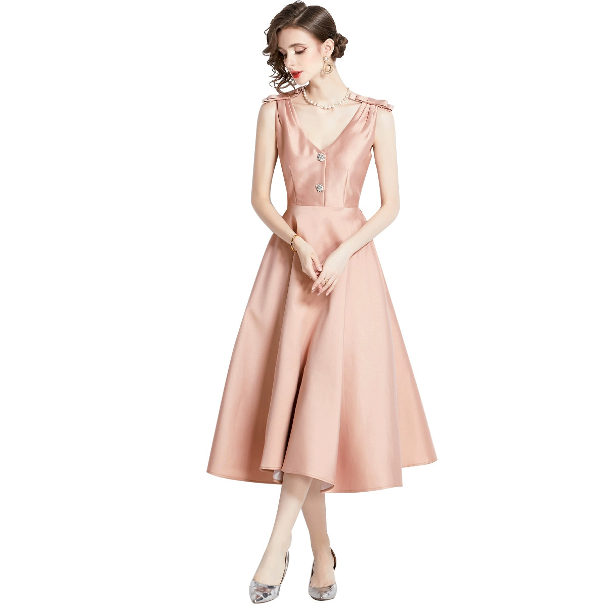 French Wear Women's Clothing Hepburn Style Heavy Industry Three-Dimensional Bows Diamond V Neck Large Hem Dress