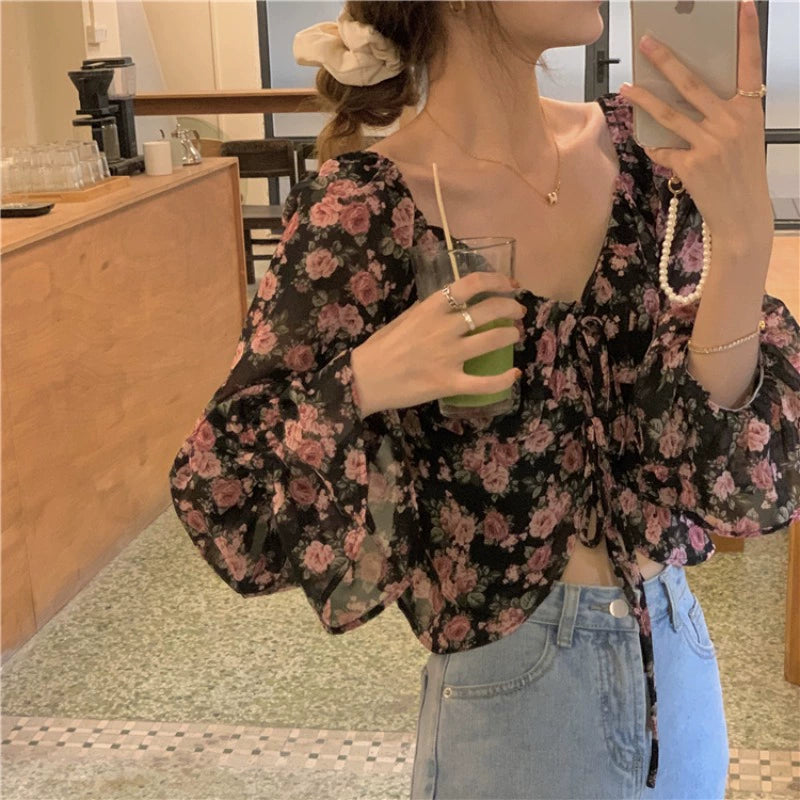 French Style High-Waist Chiffon Crop Top with Long Sleeves