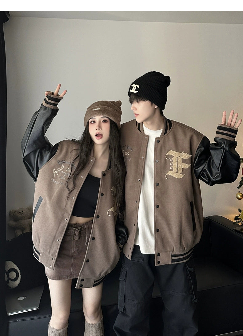 Trendy Couple Wear Spring & Fall Loose PU Leather Baseball Uniform