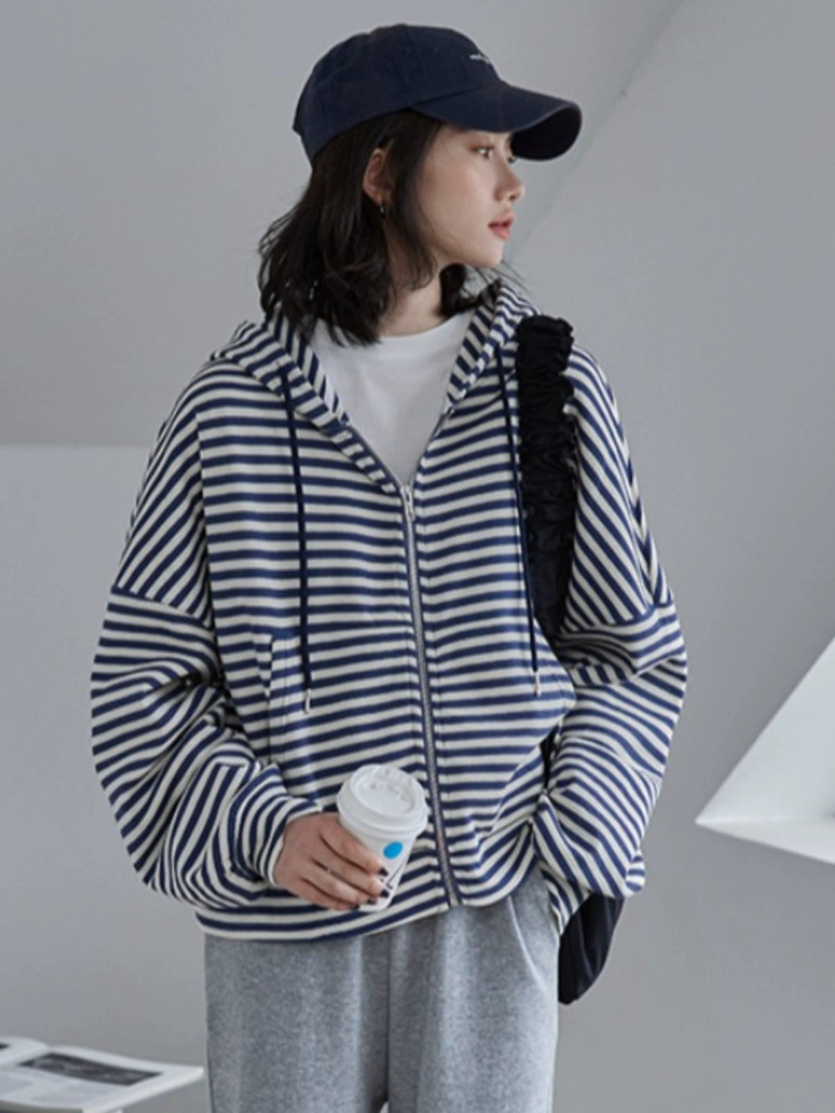 Striped Autumn Dress Loose Preppy Style Long Sleeves Hooded Sweatshirt