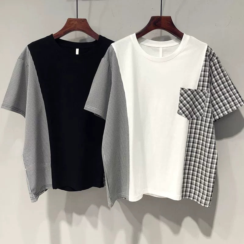 Extra Large Size 150.00kg Fashion Fashion Brand T-shirt Stylish Niche Style Patchwork Loose Slim Looking Casual Fashionable Short Sleeve Tops