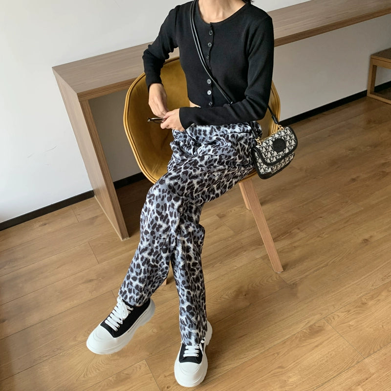 Women's High-End Leopard Print Trumpet Pants - High Waist, Casual, Slimming Drape, Retro Spring 2024 Mopping Pants