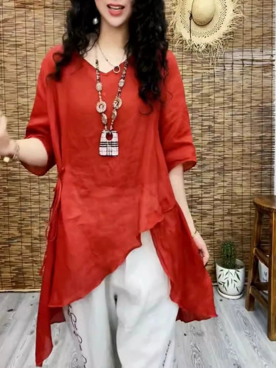 Women's Clothing Retro Cotton and Linen Ethnic Style Loose Shirt Top