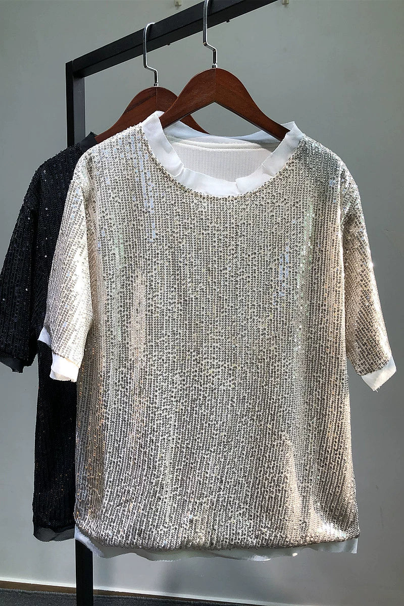 Silver Mermaid Short Sleeve Loose Sequins T-shirt