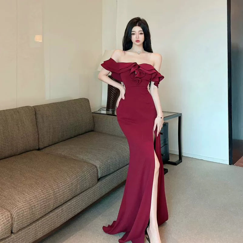 French Style Classy Sexy Open Back off-Shoulder Dress Female Summer Ruffles Temperament Sheath Split Evening Long Dress