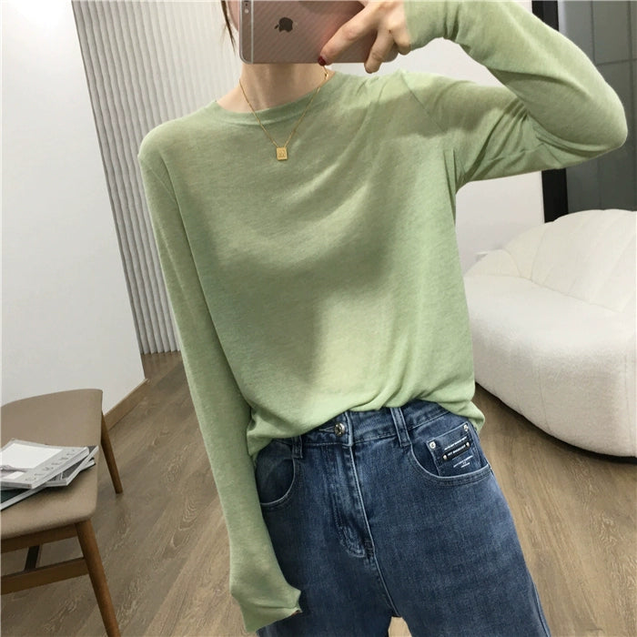 Simple Solid Color Long Sleeve Lightweight T-shirt