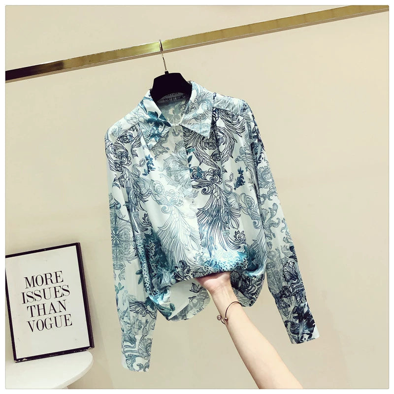 Fashion Floral Print Long Sleeve Loose Satin Silk Shirt