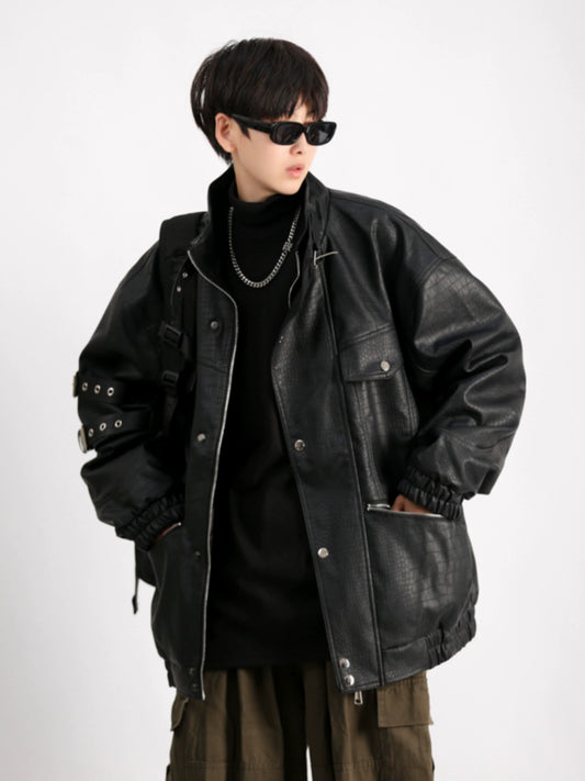 Mechanical Style Handsome Fancy Retro Leather Jacket Parka