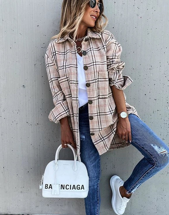 Women Ins Fashion Loose Casual Retro Plaid Long Sleeve Shirt