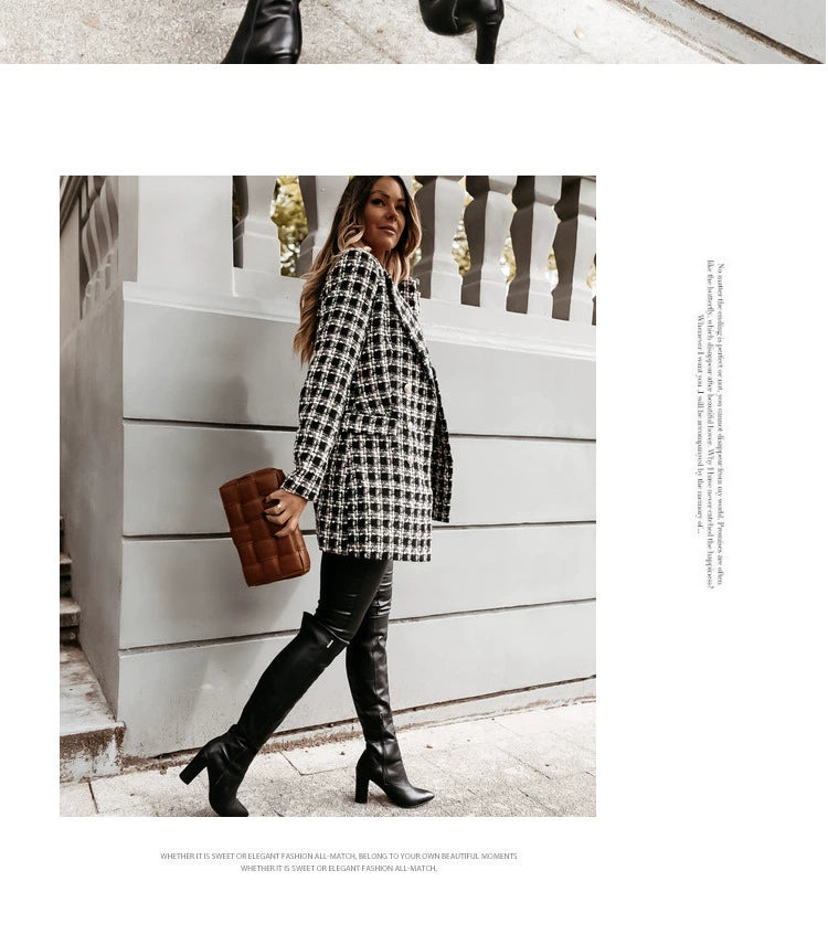 European and American Street Shot Autumn and Winter Women's Houndstooth Vintage Plaid Slim Fit Mid Length Long Length Long-Sleeved Woolen Coat Woolen Coat